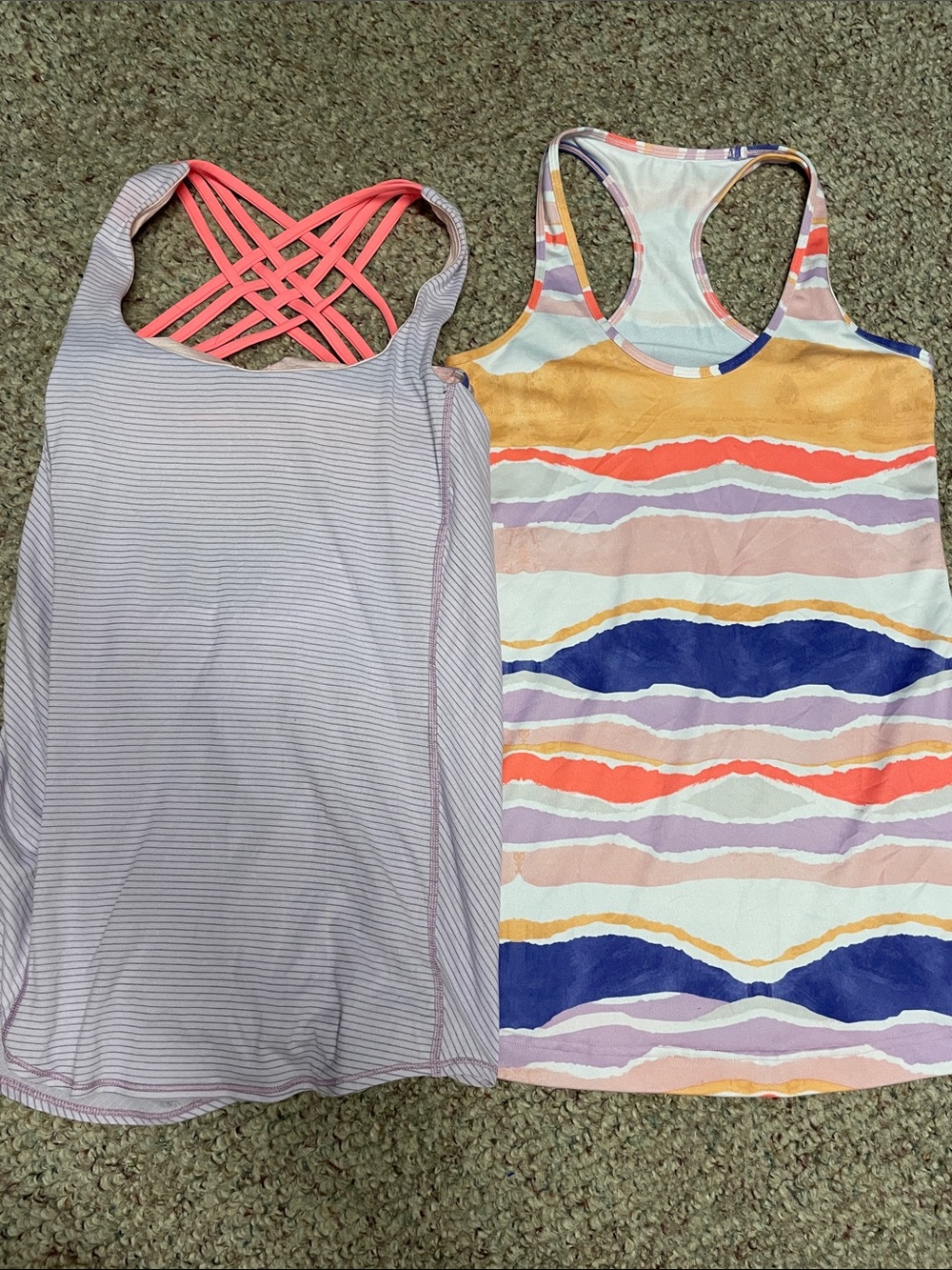 2 pc Lululemon Women’s Strappy Active Tank Tops-Coral Accent and Multicolor Wave